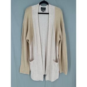 Something Navy Cardigan Sweater Large Beige Tan Neutral Wool Minimalist Capsule